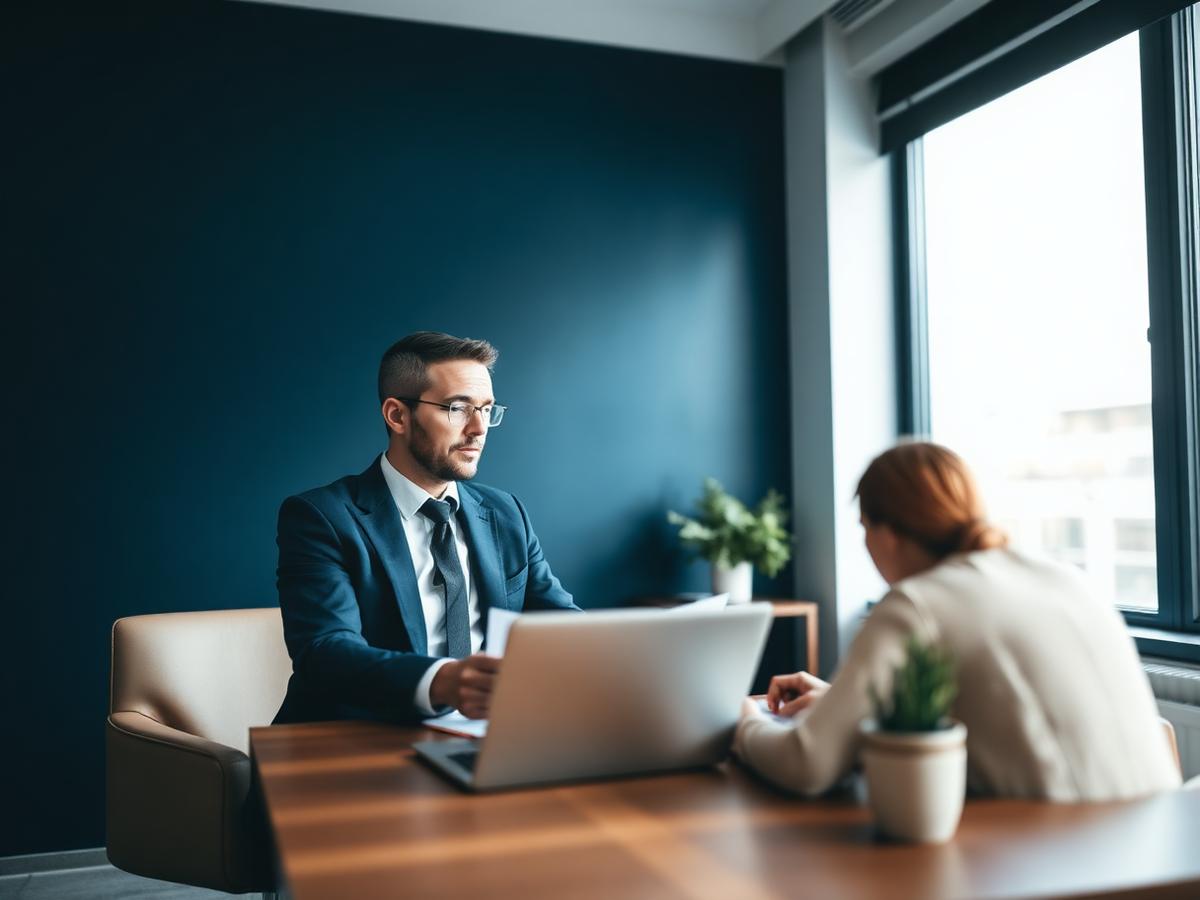Insurance advisor reviewing a customer's policy portfolio on a laptop
